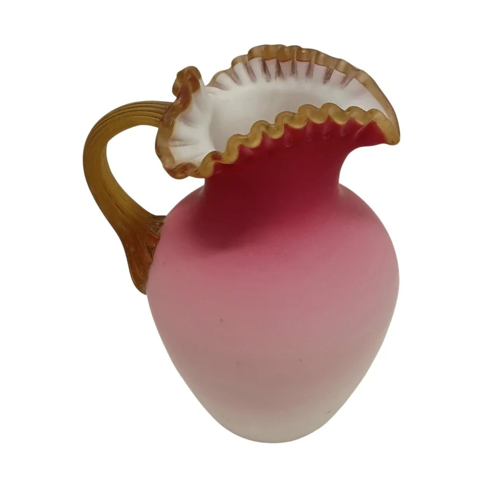 Victorian‎ Peach Crest Pitcher Jug Amber Reed Handle Unmarked